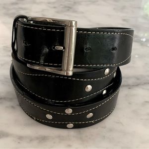Mens black leather belt with silver buckle and studded details size 40”- 42”